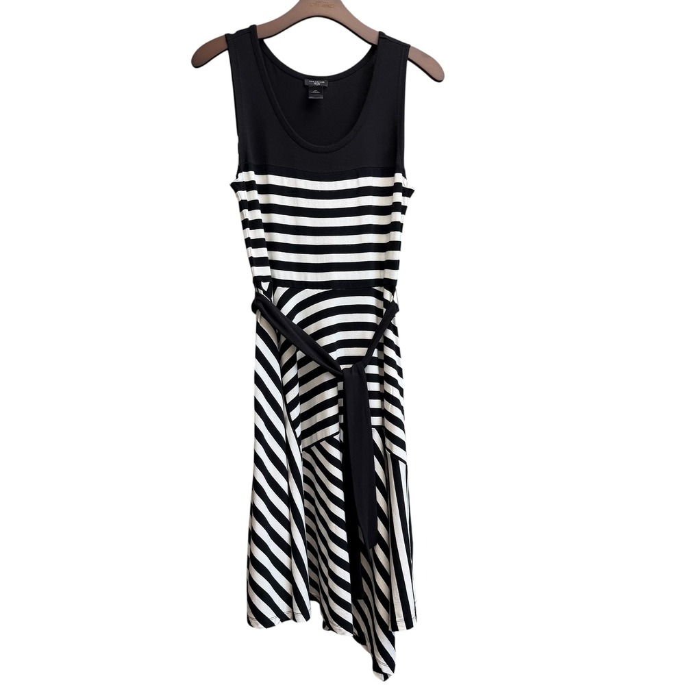 Ann Taylor Petite Striped Sleeveless Asymmetrical Hem Tie Waist Black Dress XSP
